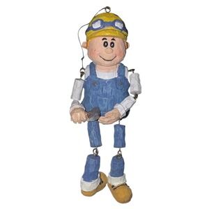 Vintage Artisan Carved Wood Construction Worker Ornament Hanging Decor Puppet